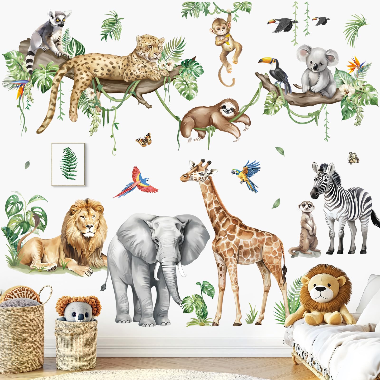 Decalmile leopard wall decal with tropical leaves for bold living room vibe