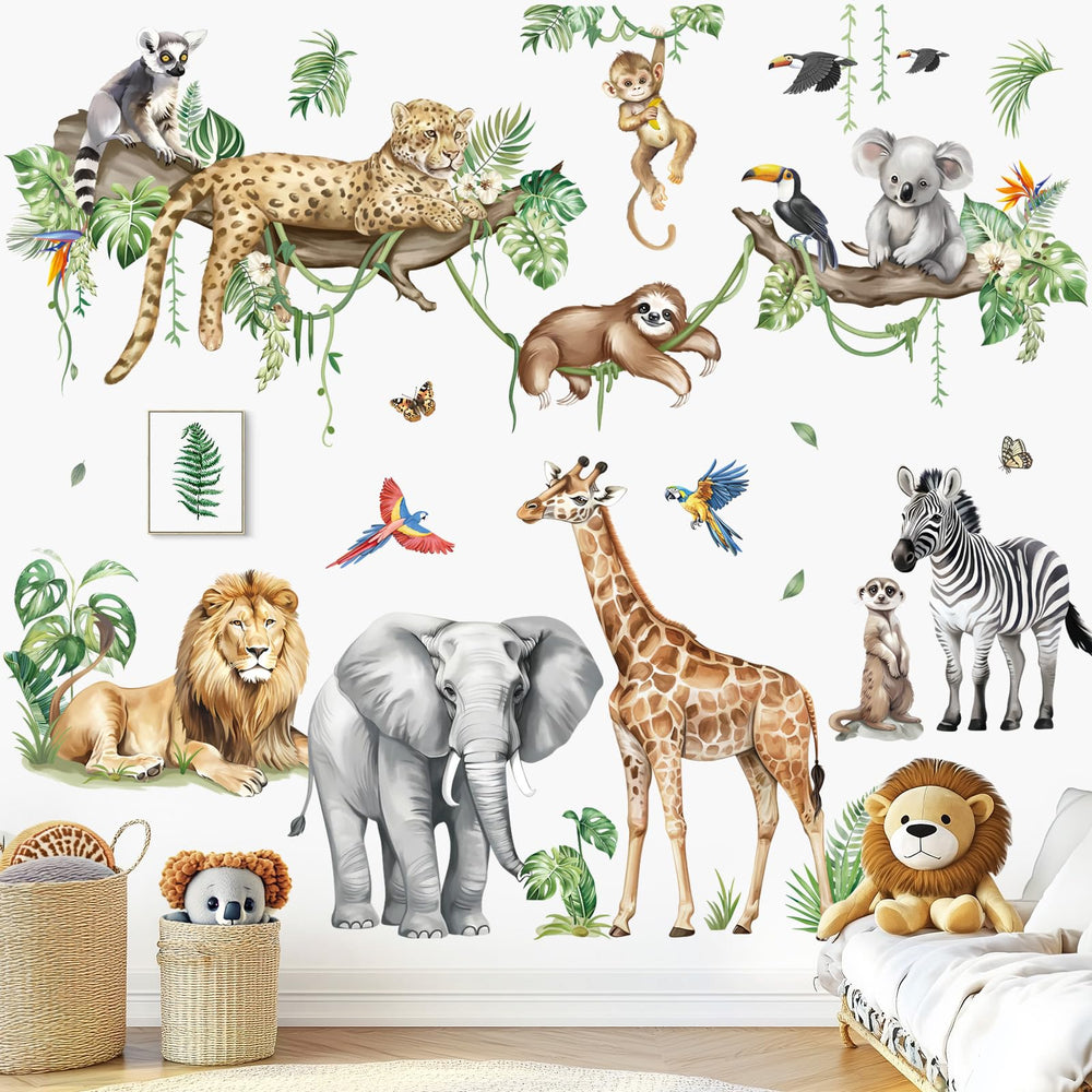 Decalmile leopard wall decal with tropical leaves for bold living room vibe
