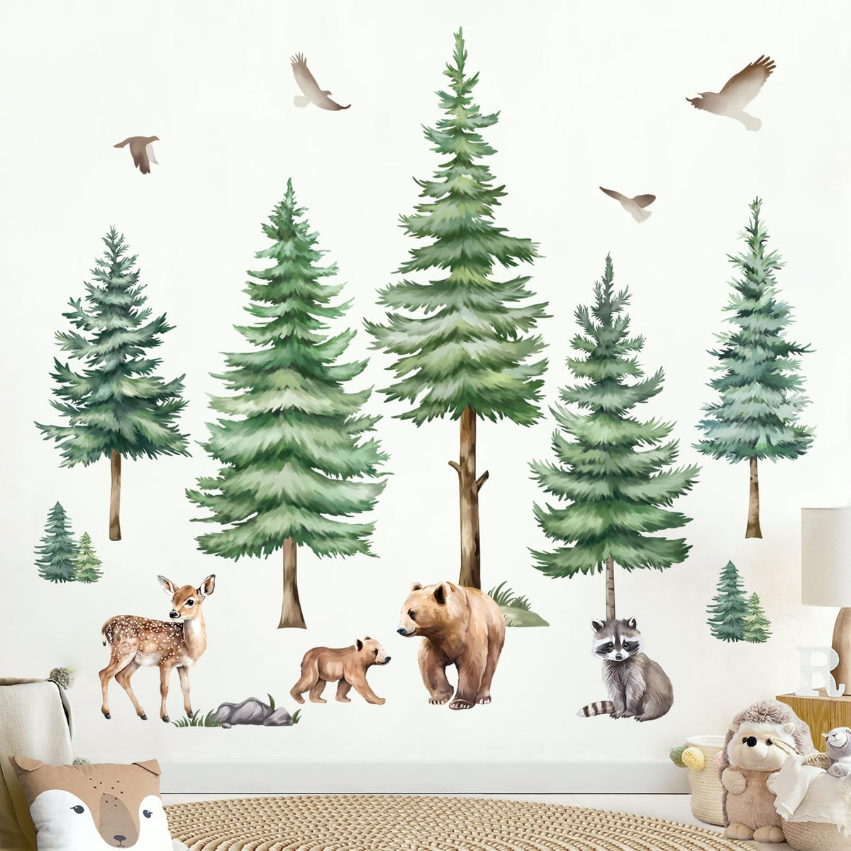 DecalMile large pine tree wall decal for a forest-themed nursery and play space