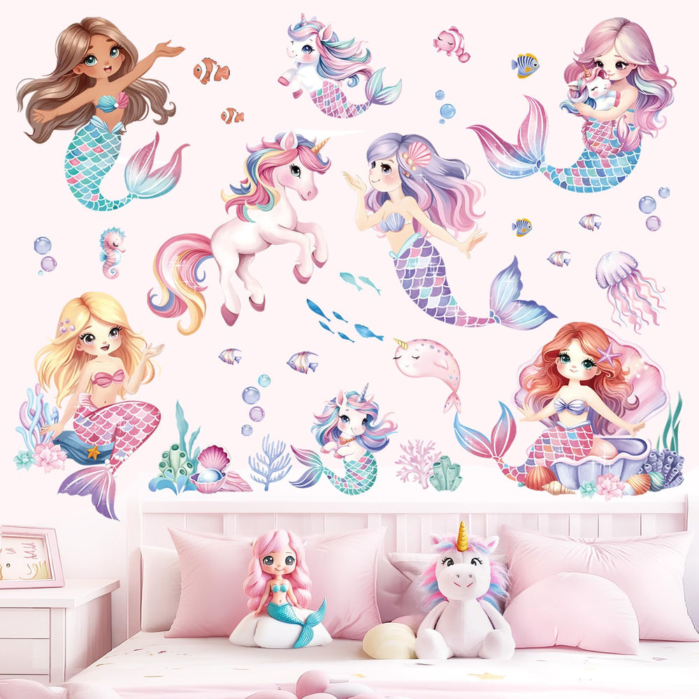 Decalmile mermaid-unicorn wall decor ideal for kids' rooms and play areas