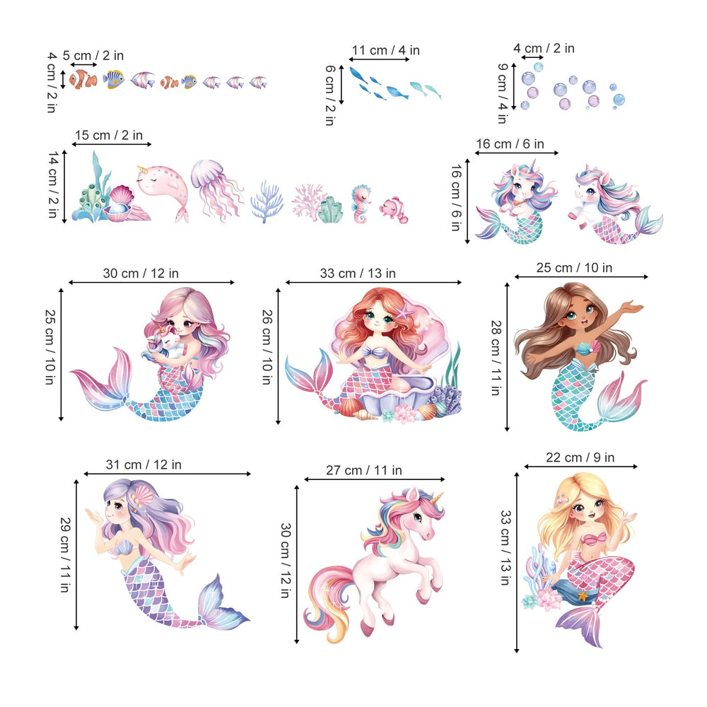 Decalmile mermaid-unicorn wall stickers waterproof for bathroom use