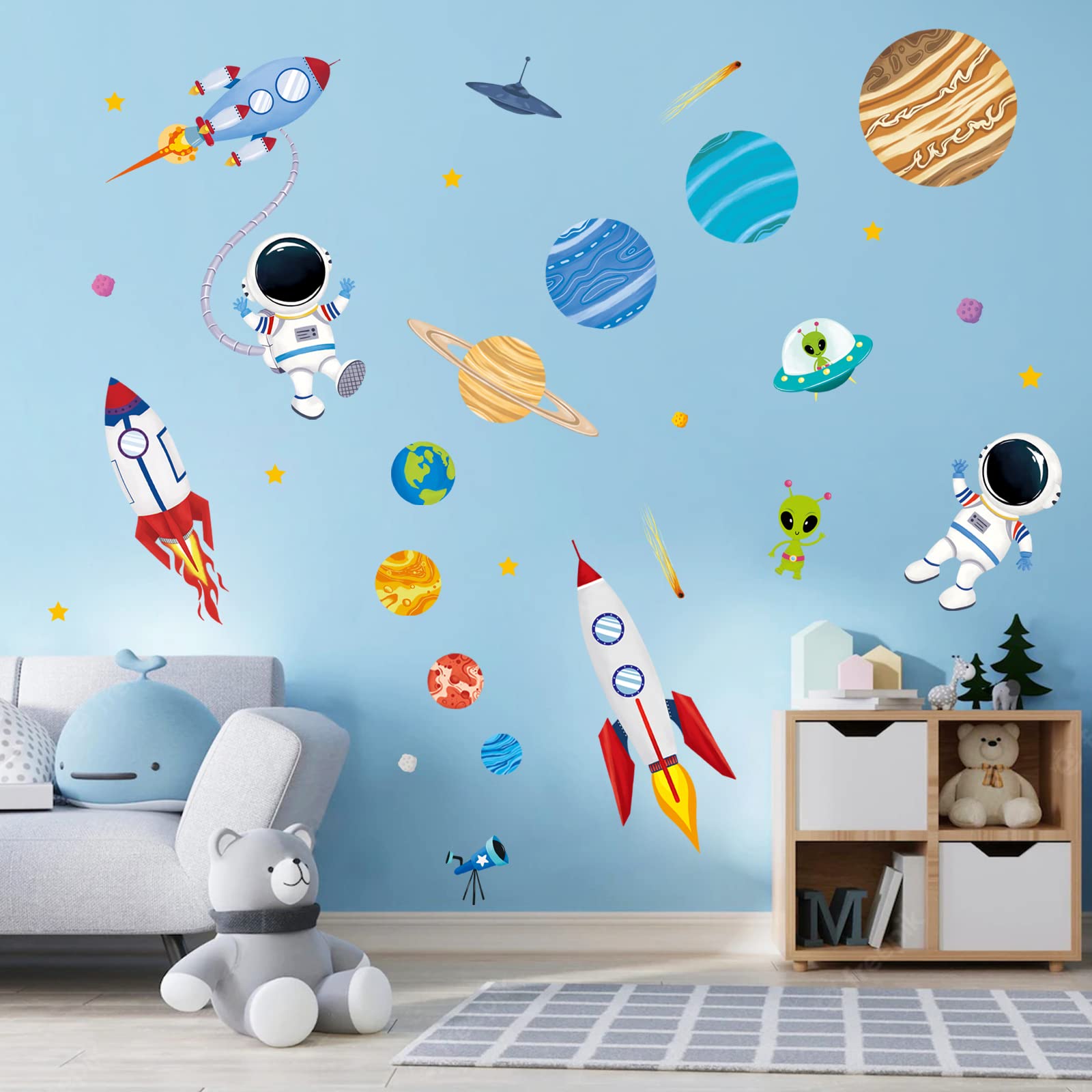 Decalmile outer-space planets wall stickers brighten a kid's room with cosmic exploration.