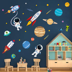 Decalmile outer-space rocket wall decal creates a playful focal point for a nursery.