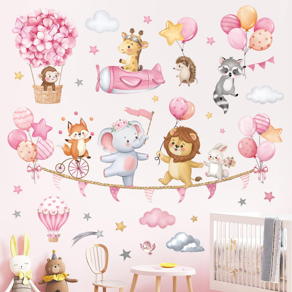 Decalmile pink animal hot air balloon elephant wall decal adds playful charm to kids' room.