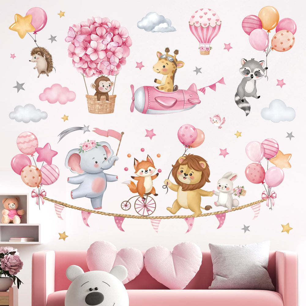 Decalmile pink animal hot air balloon giraffe wall decal adds cheerful whimsy to nursery.