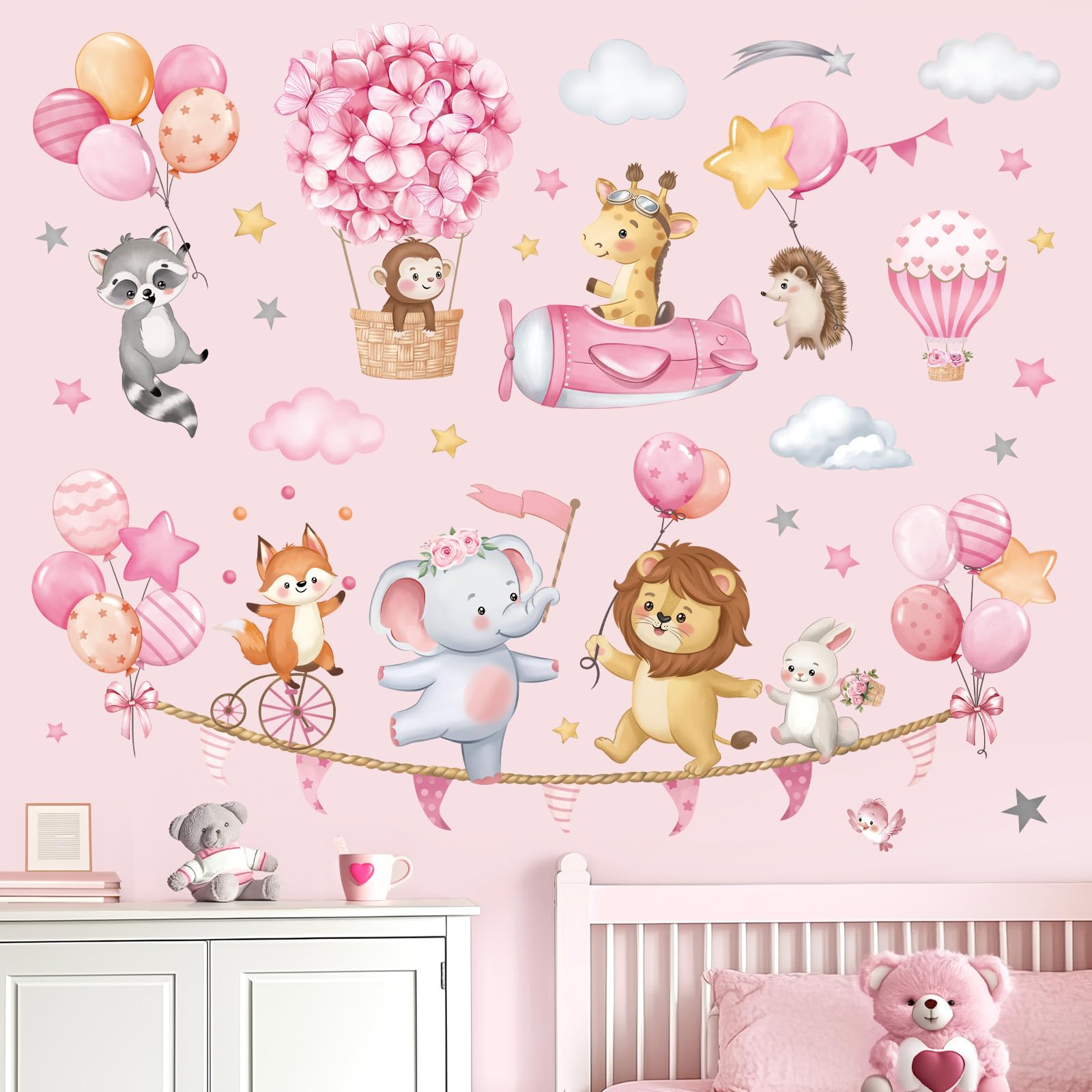 Decalmile pink animal hot air balloon lion wall decal brightens play area with character.