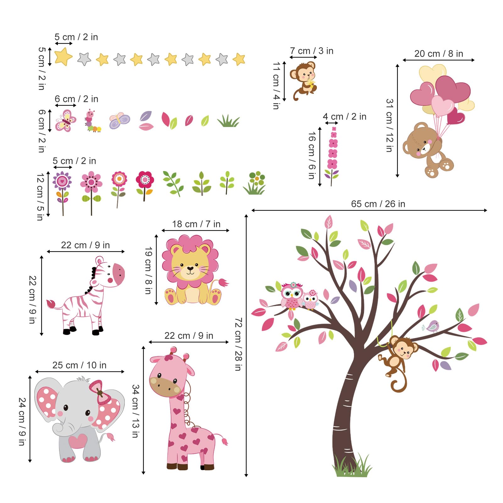 decalmile pink animal tree wall decal closeup-colors highlights bright hues for cheerful spaces.