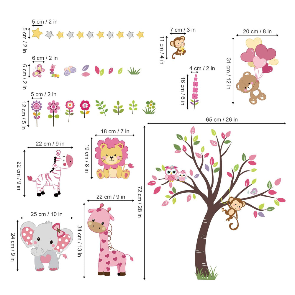 decalmile pink animal tree wall decal closeup-colors highlights bright hues for cheerful spaces.