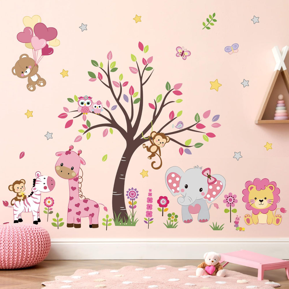 decalmile pink animal tree wall decal elephant family fosters a calm corner for story time.