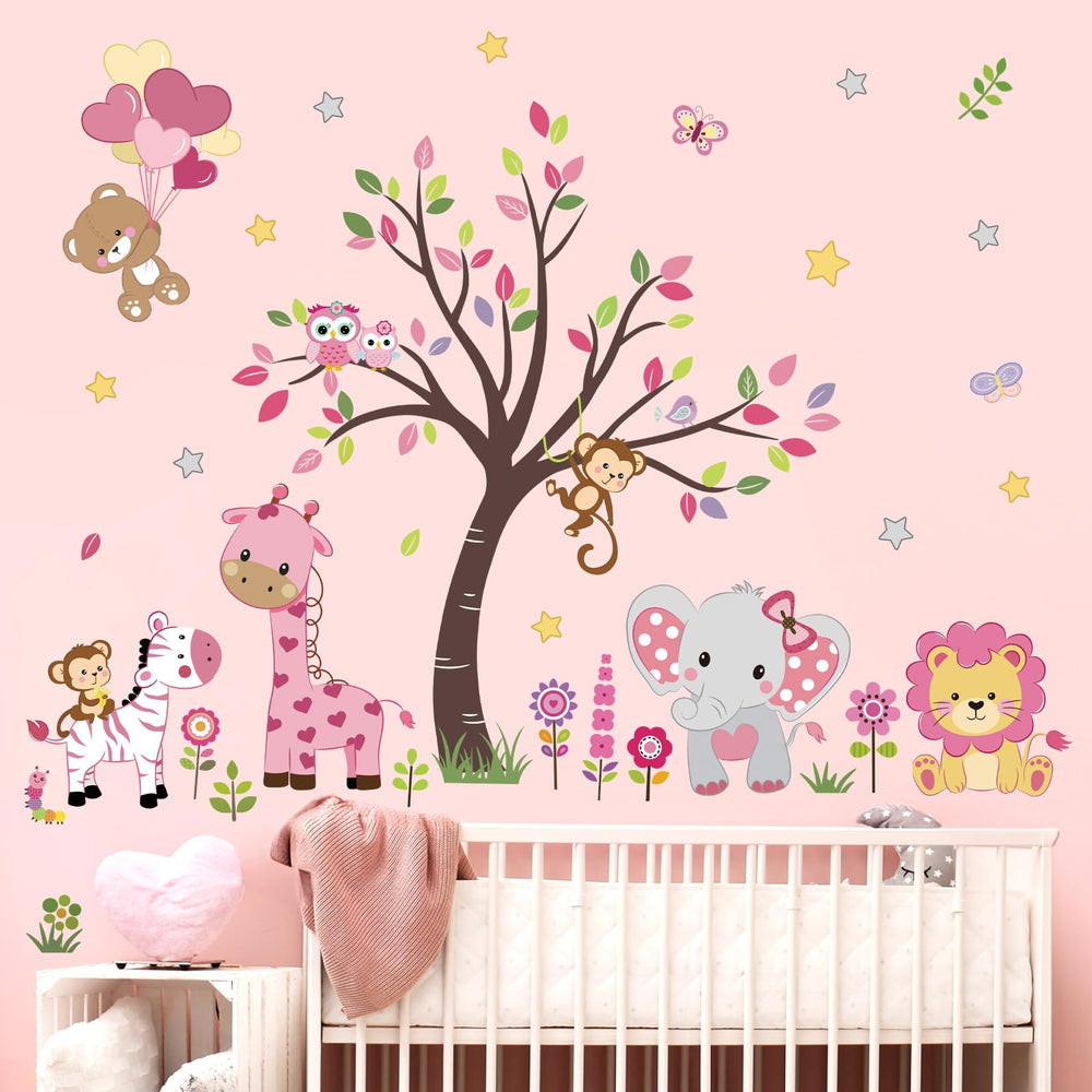 decalmile pink animal tree forest scene wall decal brightens a girls' room and sparks imaginative play.