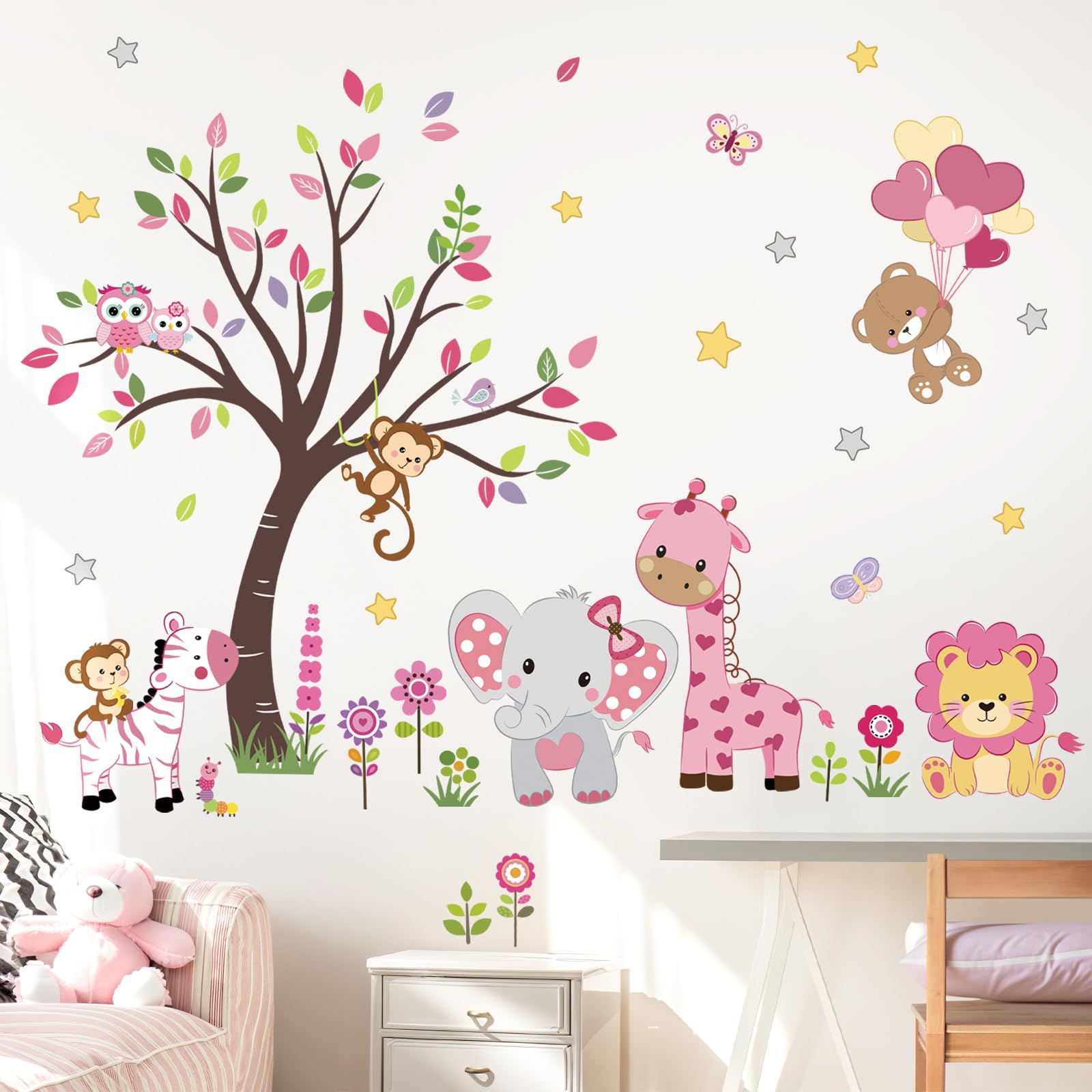 decalmile pink animal tree wall decal lion portrait adds adventurous accents to kids' spaces.