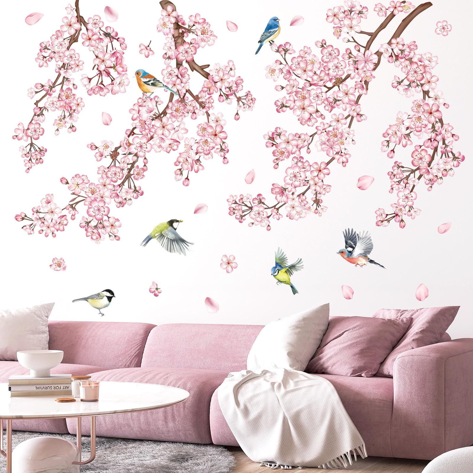 DecalMile pink cherry blossom flowers wall sticker brightens a living room