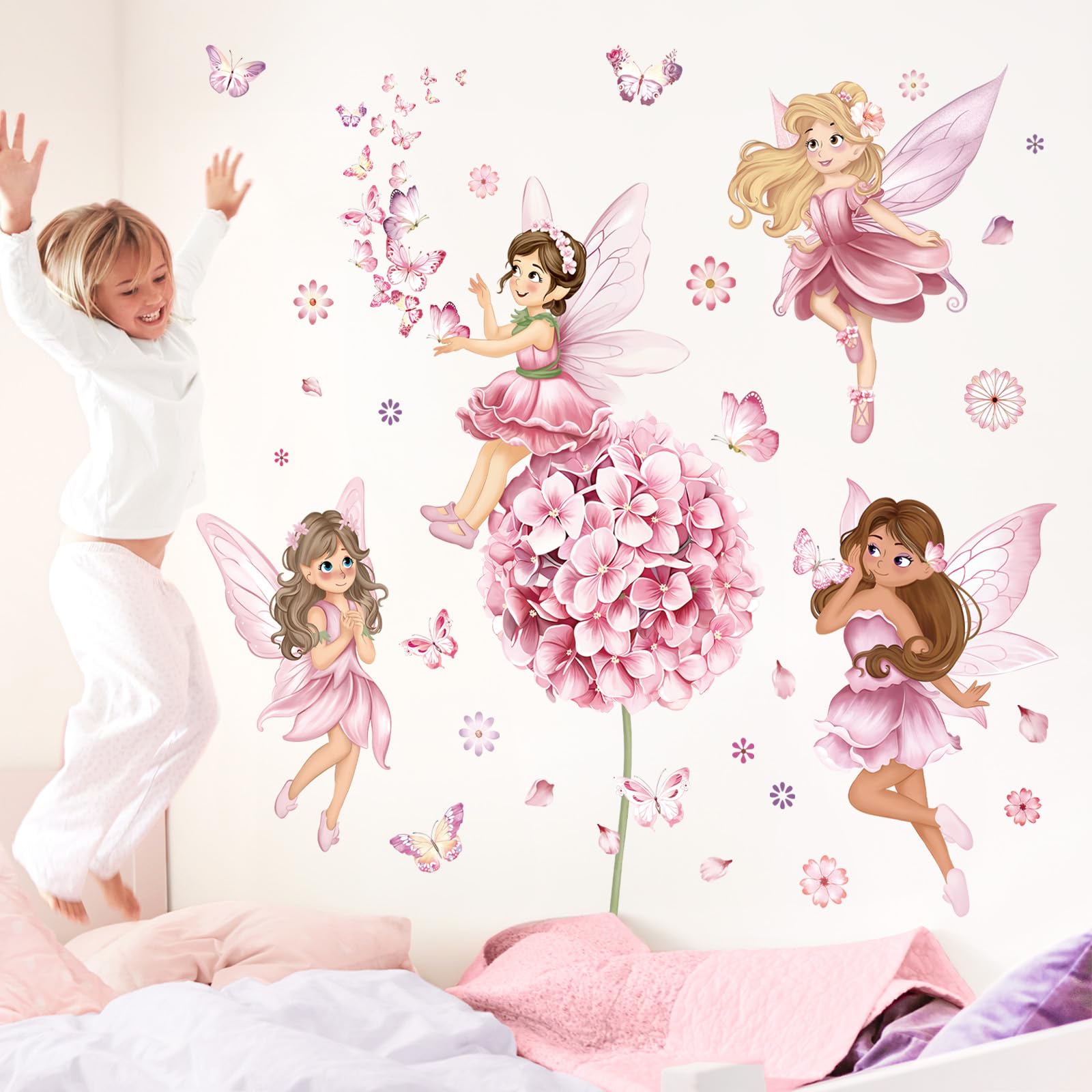 decalmile fairy girl with flower wall decals shown on a wall for magical storytelling vibes.