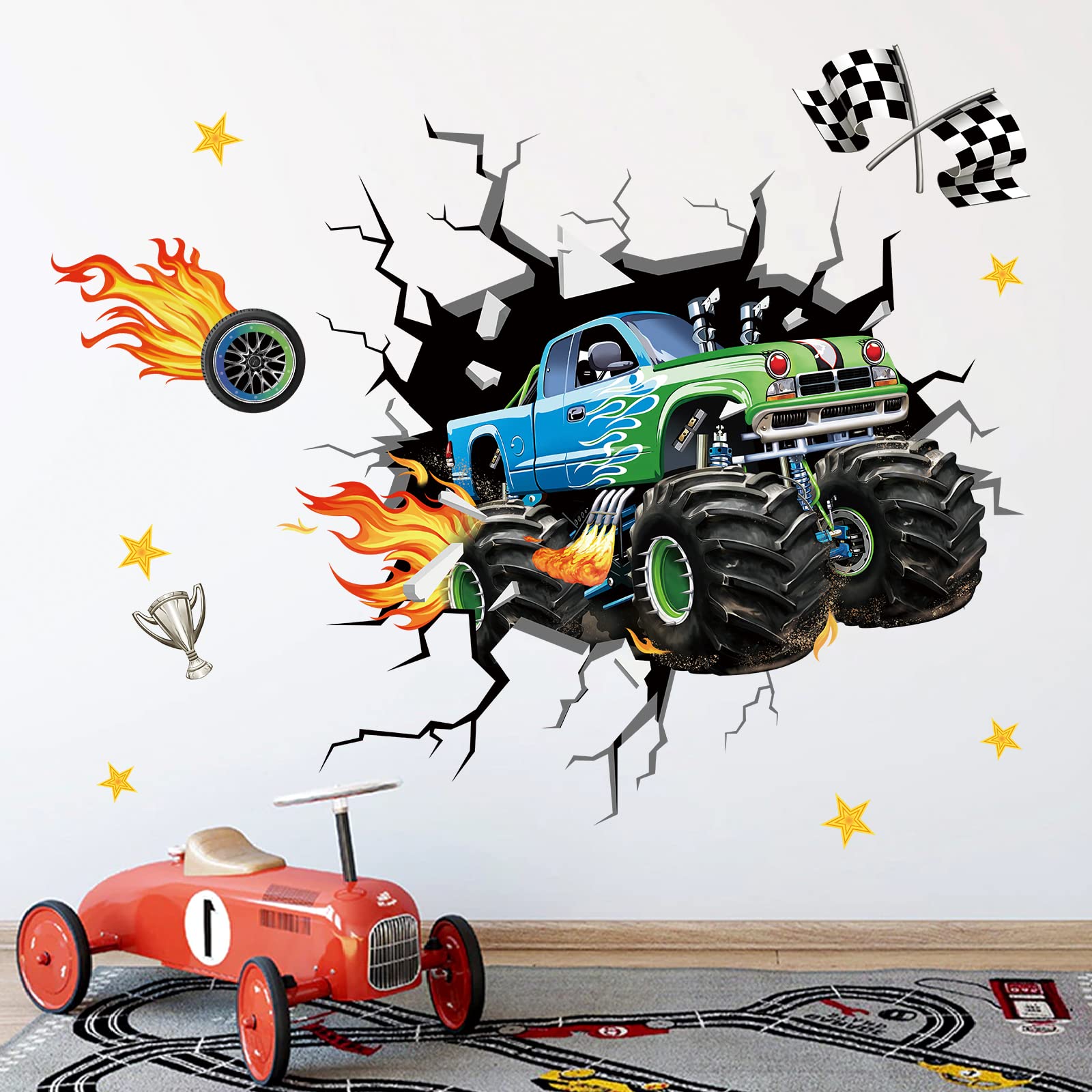 DecalMile racing car wall stickers close-up showing vivid vinyl colors for kids room decor