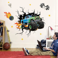 DecalMile racing car wall stickers in living room setup with bright multi-color appeal