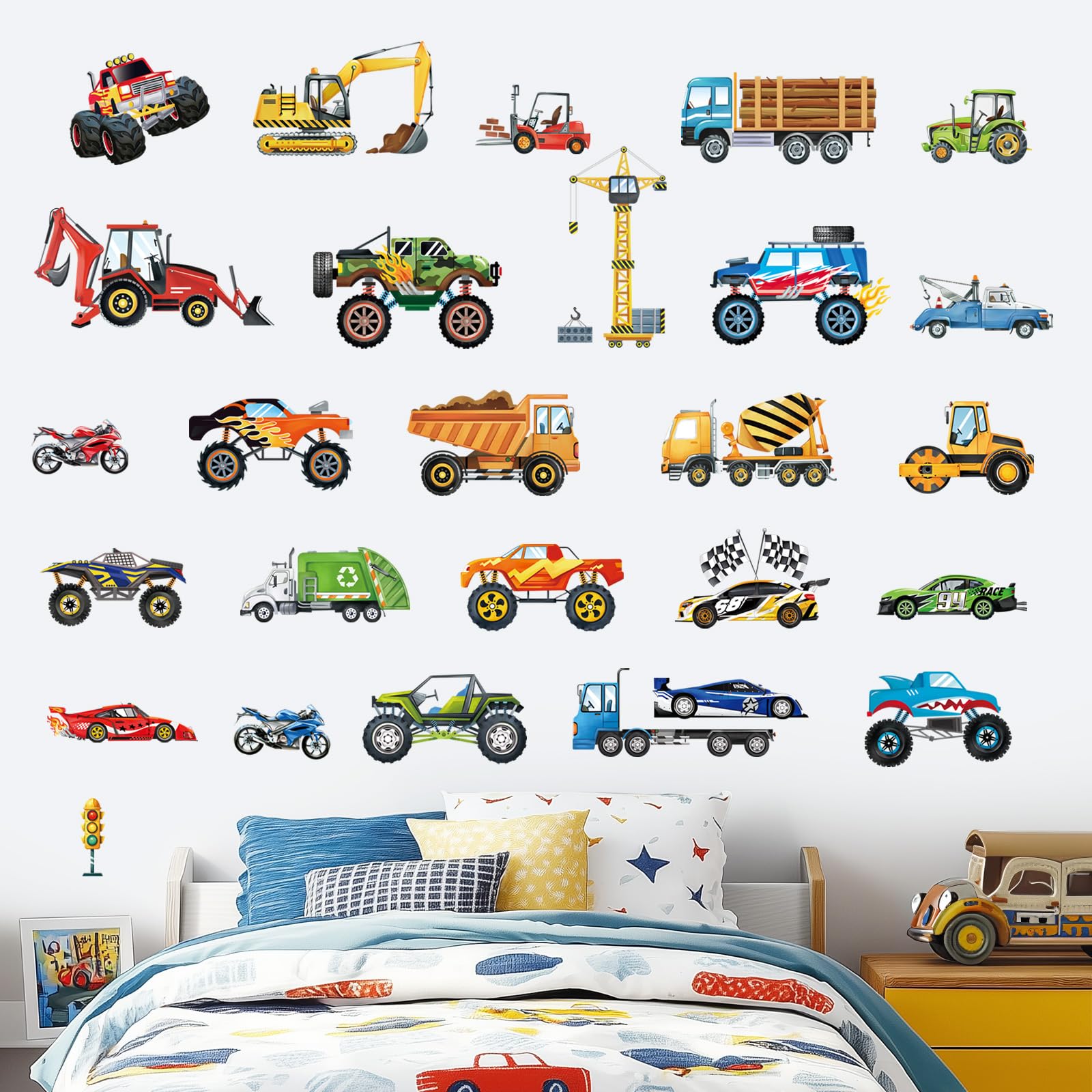 Decalmile racing-cars wall decor adds bold color to a bedroom while staying removable.