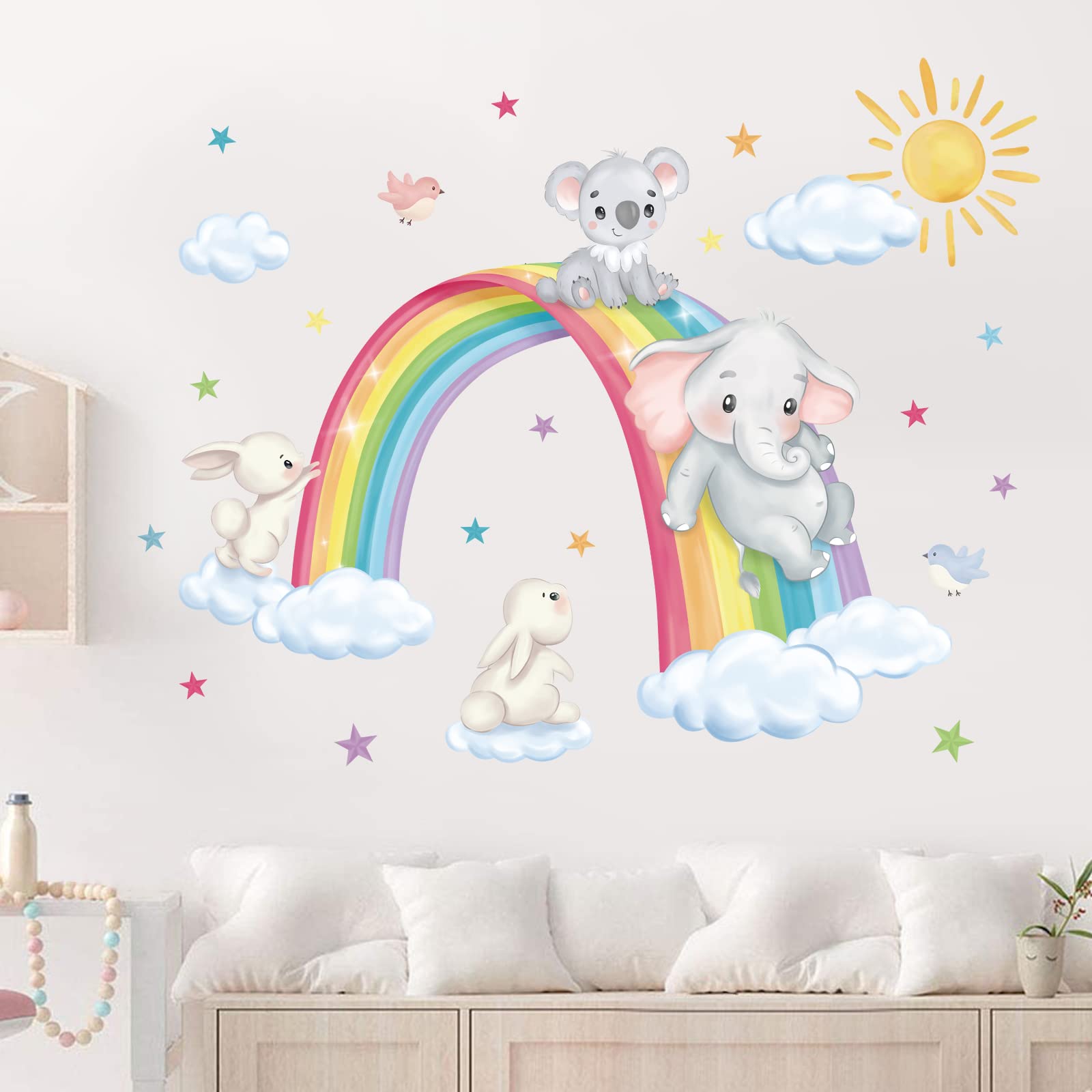 Decalmile rainbow animal wall decals elephant—bright elephant decor sparks imaginative play in nurseries.