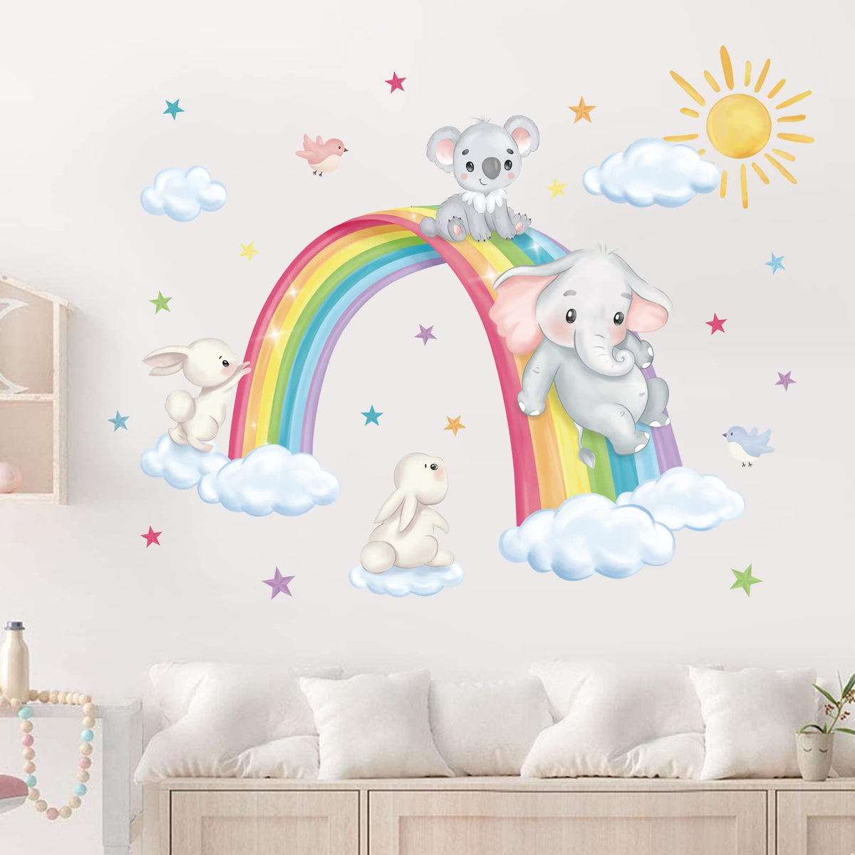 Decalmile rainbow animal wall decals elephant—bright elephant decor sparks imaginative play in nurseries.