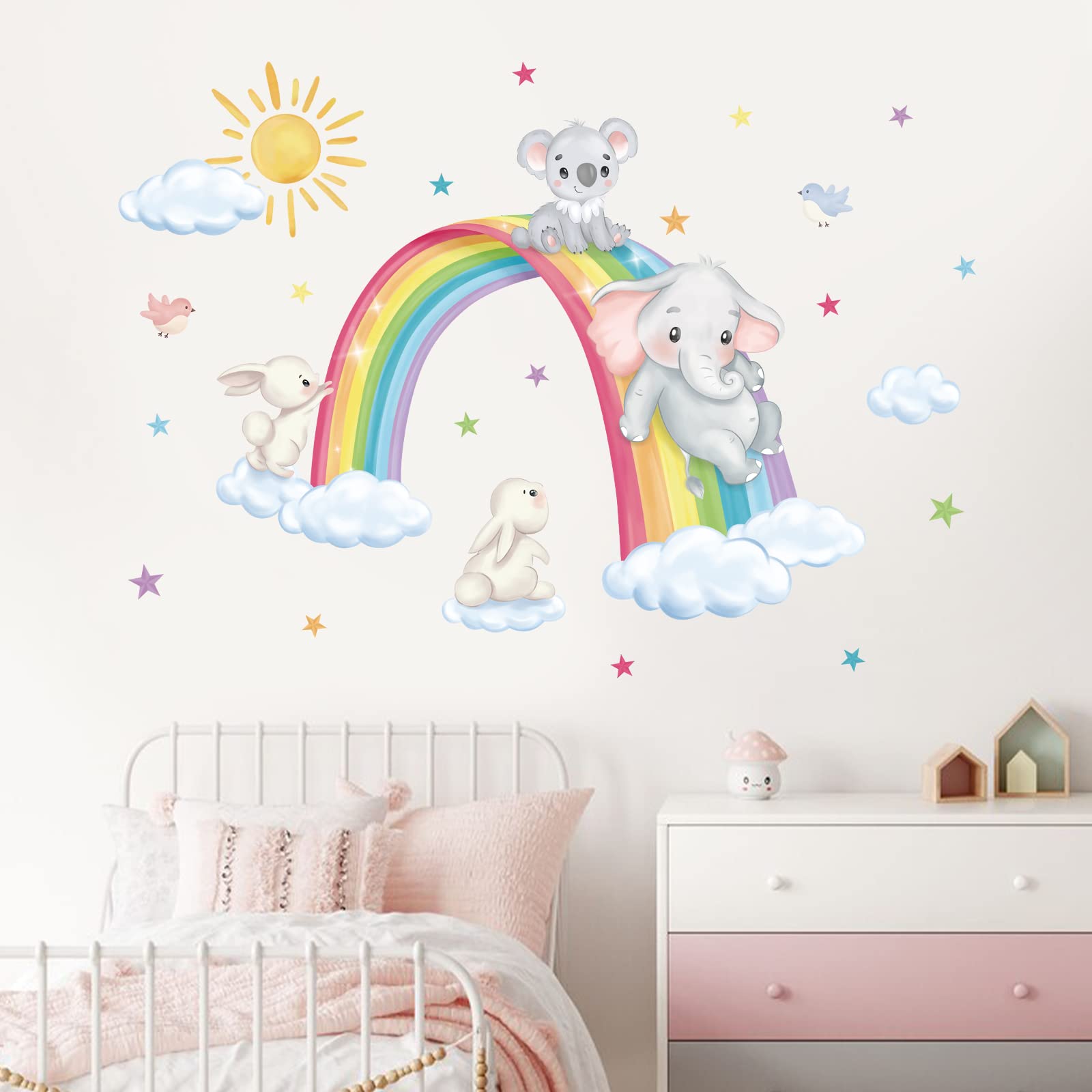Decalmile rainbow animal wall decals rabbit—playful rabbit scene adds charm to bedrooms.