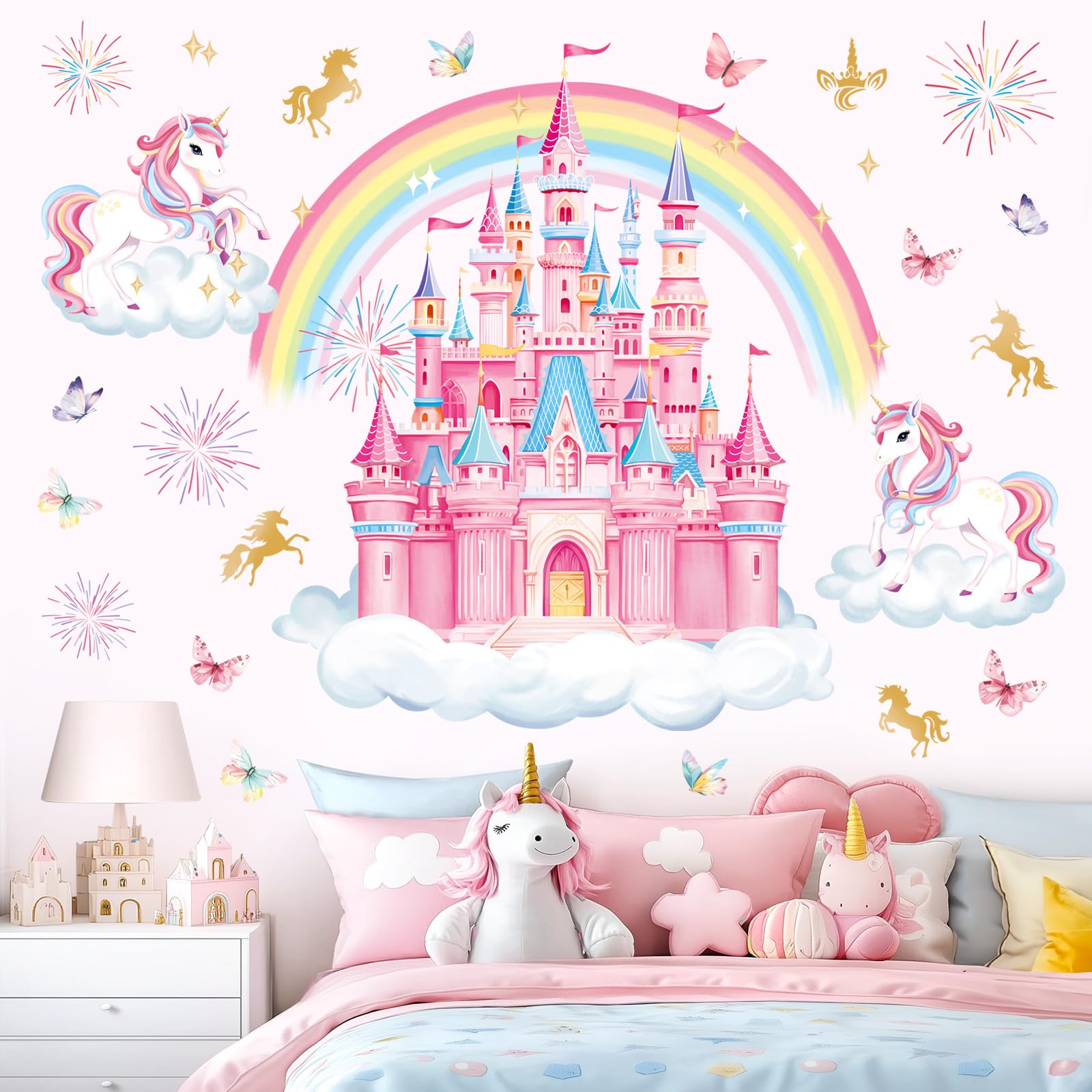 decalmile Rainbow Castle wall decals rainbow design adds cheerful playtime atmosphere.