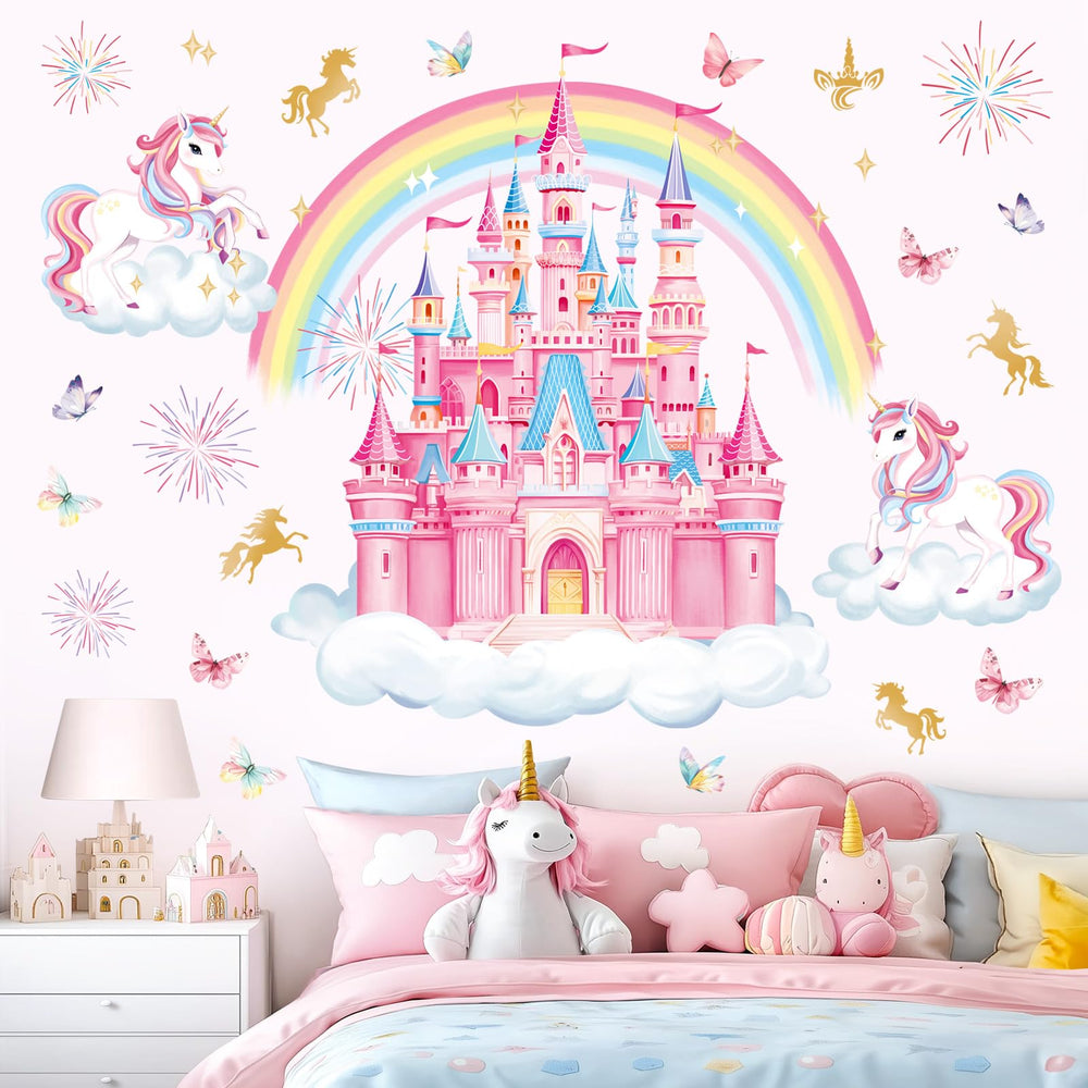 decalmile Rainbow Castle wall decals rainbow design adds cheerful playtime atmosphere.