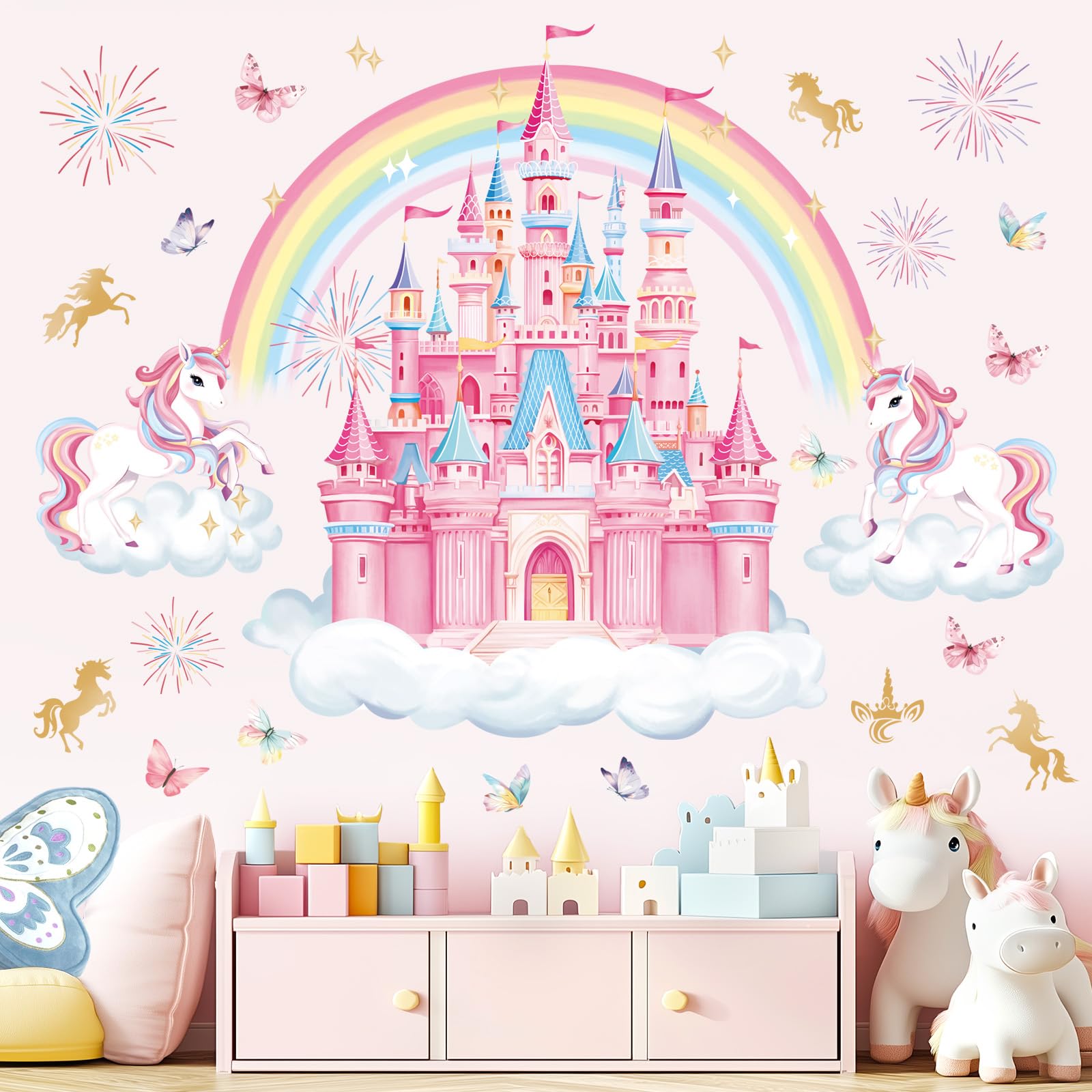 decalmile Rainbow Castle wall decals unicorn scene brightens kids' room decor.