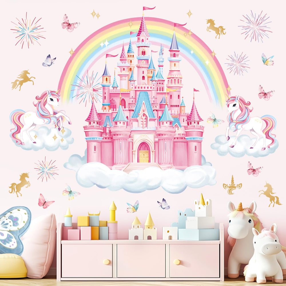 decalmile Rainbow Castle wall decals unicorn scene brightens kids' room decor.