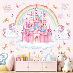 decalmile Rainbow Castle wall decals unicorn scene brightens kids' room decor.
