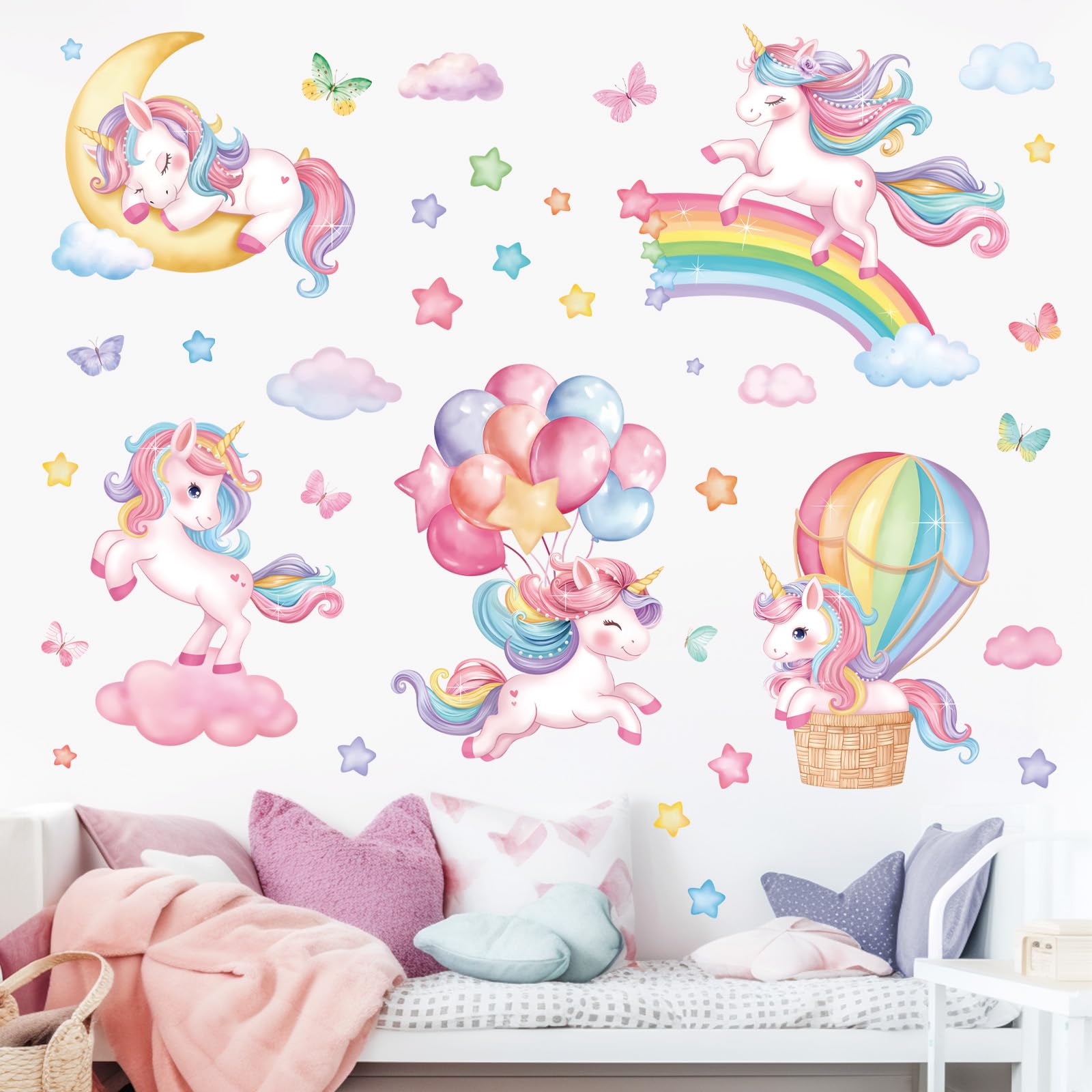 Decalmile sleeping unicorn rainbow wall decal creates a dreamy nursery focal point for imagination.