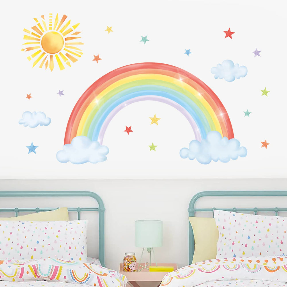 Decalmile star rainbow wall decal adds whimsical focal points for play.