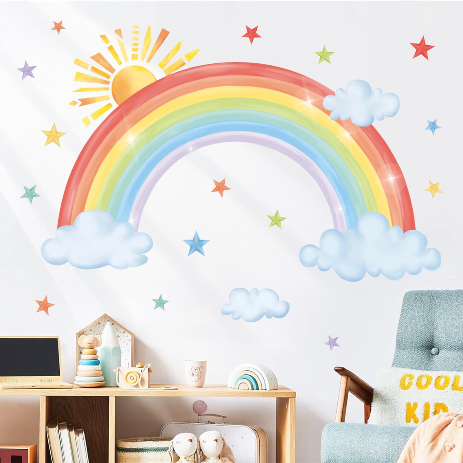 Decalmile sun rainbow wall decal brightens kids' rooms for cheerful, sunlit decor.