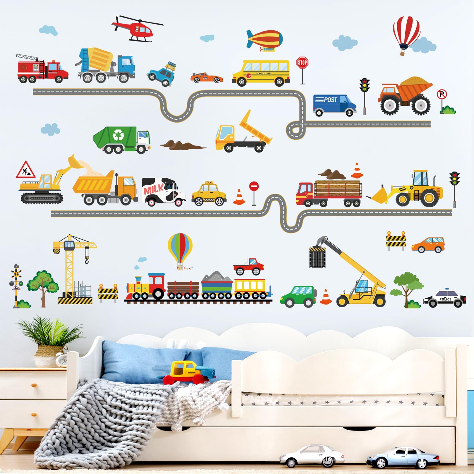 Decalmile transportation vehicles wall decal adds color to nurseries and kids' rooms.