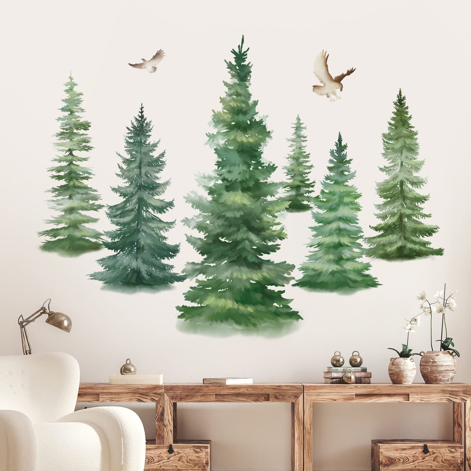 DecalMile watercolor pine trees wall decals create a calming forest vibe for nursery.