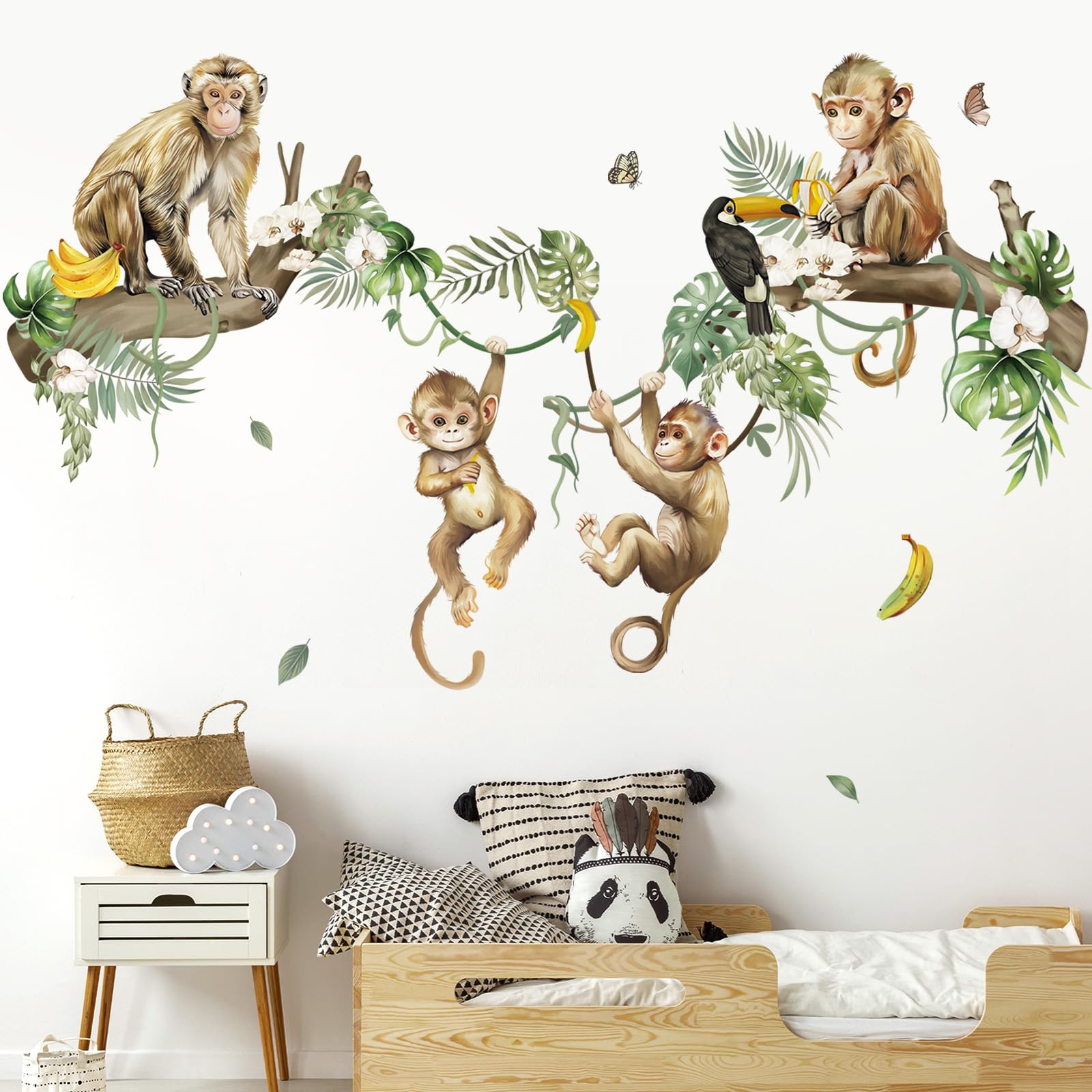 Decalmile wild monkey climbing tree decal enhances kids' room with playful jungle vibe.