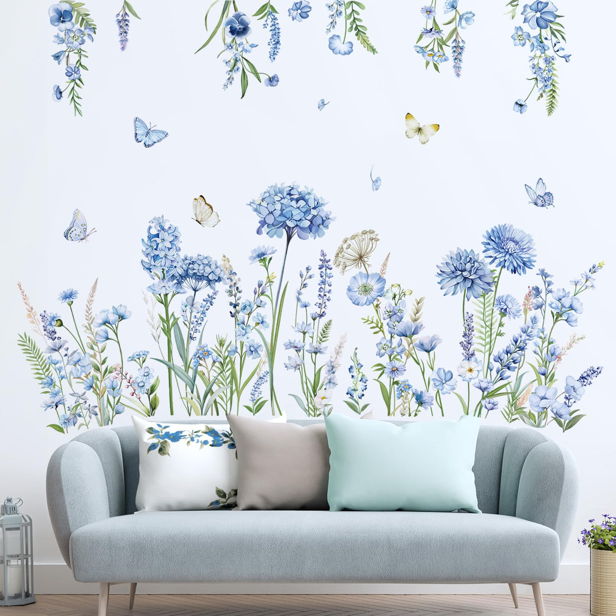 Decalmile wildflower wall stickers in blue create a dreamy floral garden on clean walls.