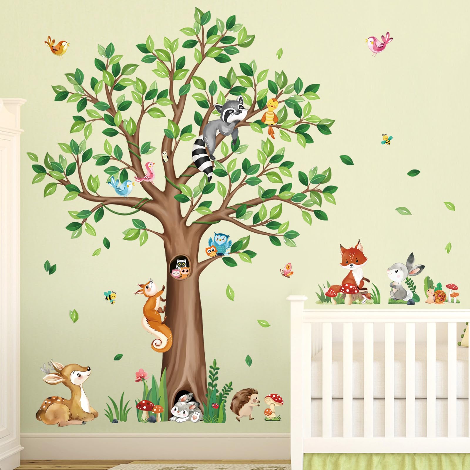 Decalmile woodland tree wall stickers with fox add energetic charm to nursery walls.