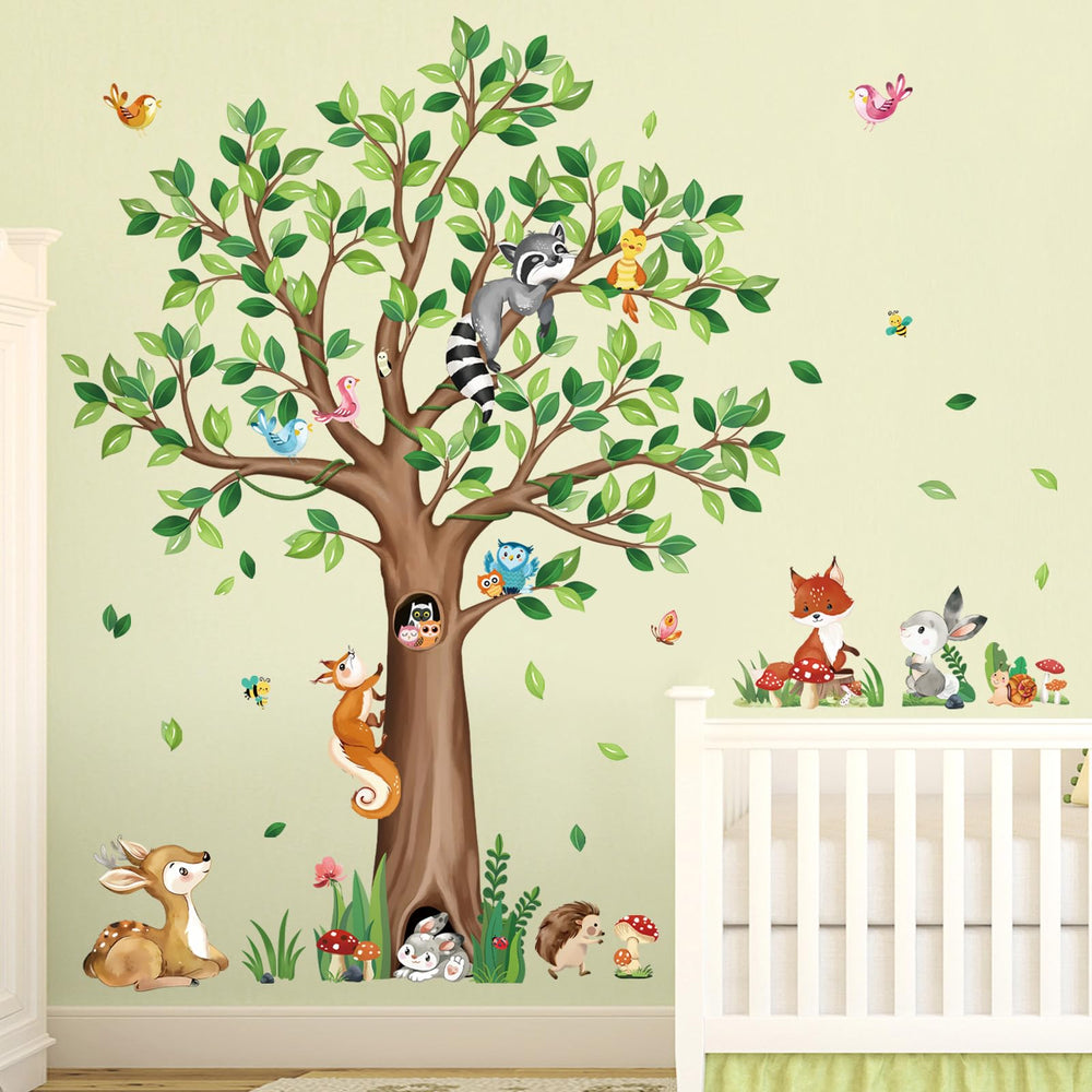 Decalmile woodland tree wall stickers with fox add energetic charm to nursery walls.