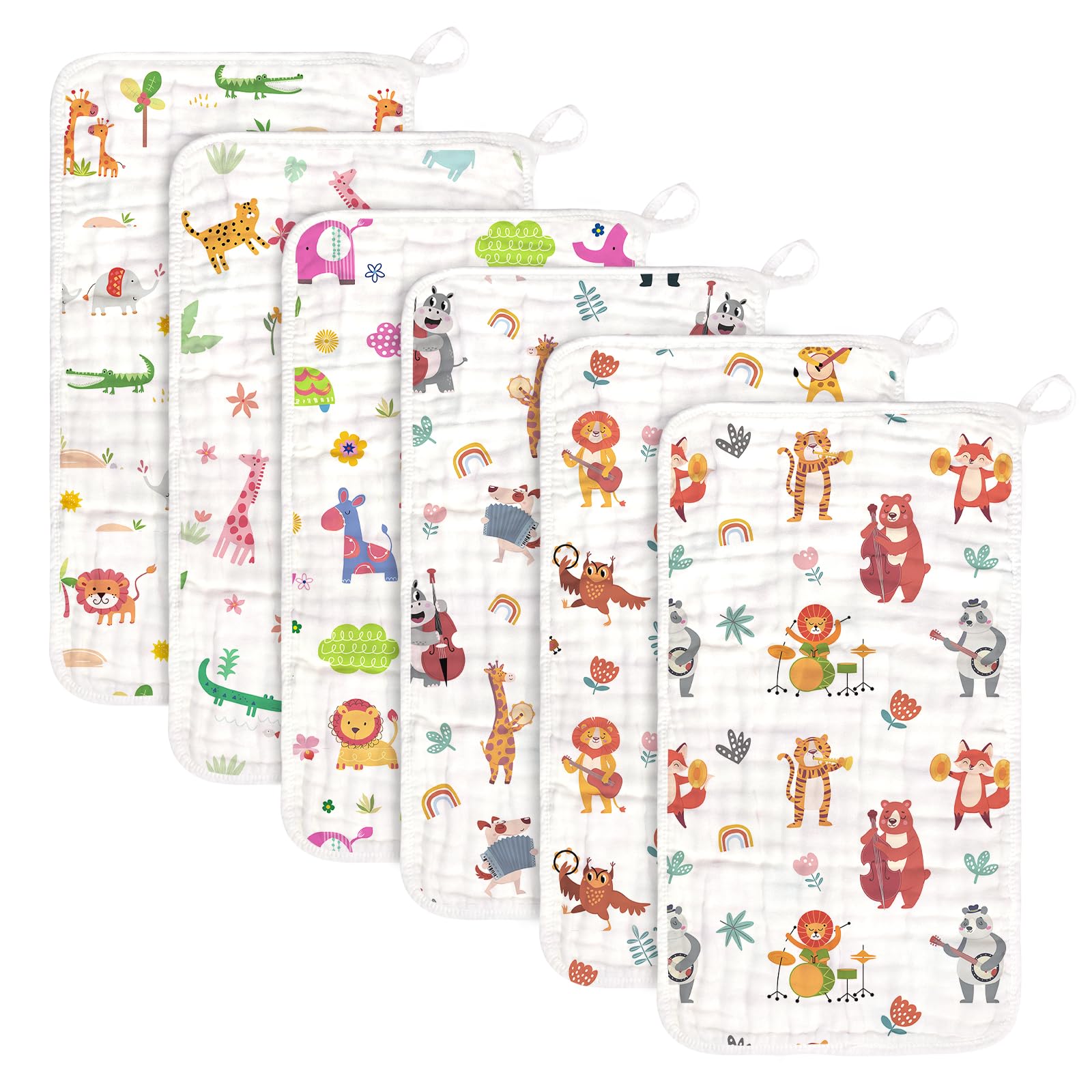 Decalsweet baby burp cloths 6-pack flatlay showing soft muslin fabric for gentle care.