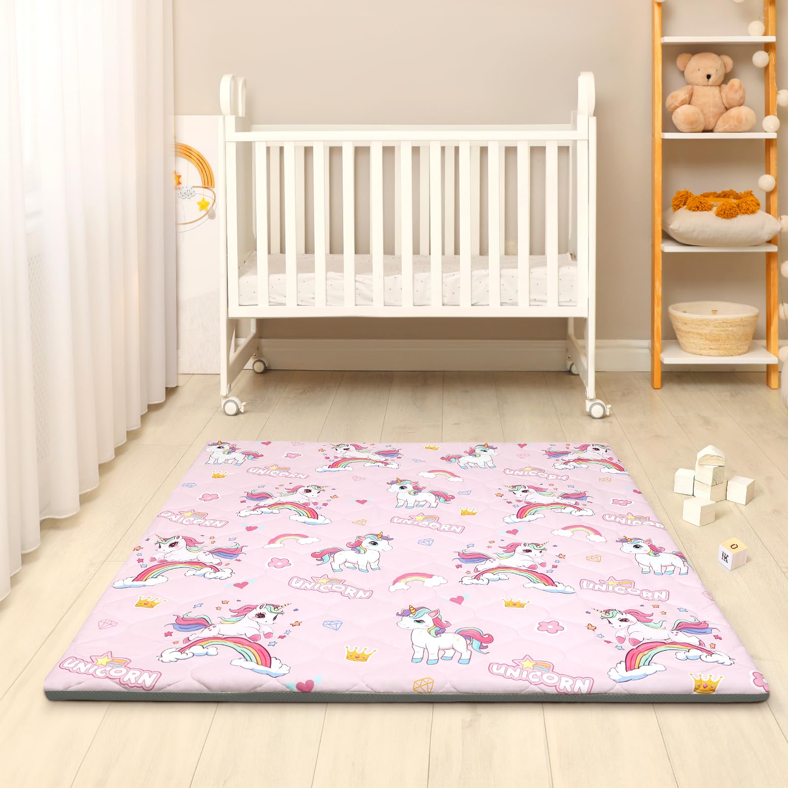 Decalsweet baby play mat compatible with 50x50 playpens for quick setup.