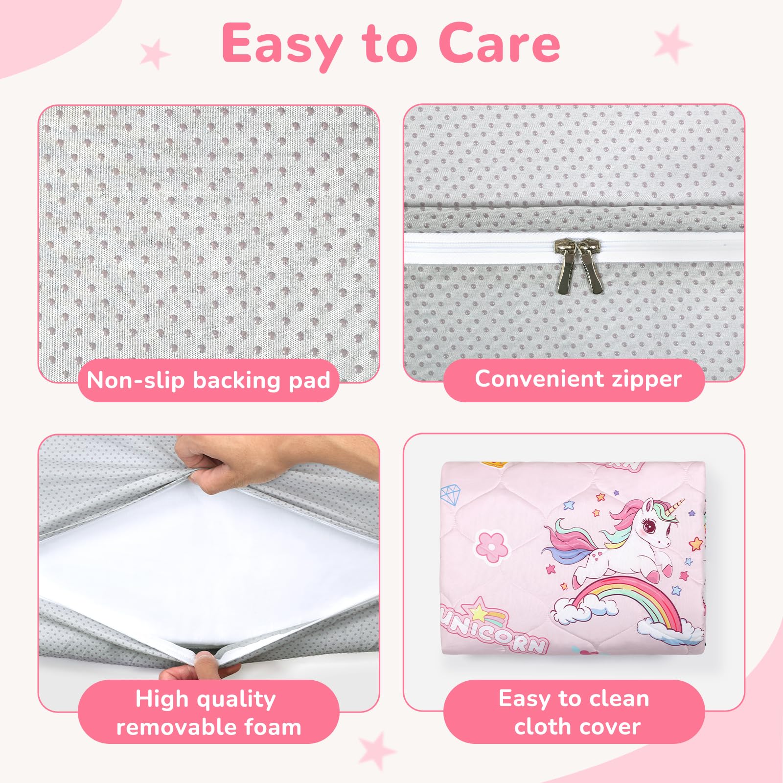 Decalsweet baby play mat machine-washable cover simplifies cleanup after play.