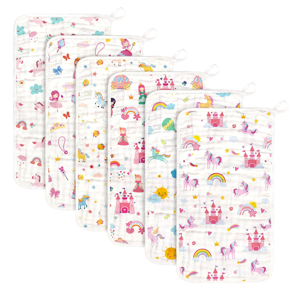 Decalsweet burp cloths six-pack flatlay reveals soft cotton muslin and generous 20x12 inch size.