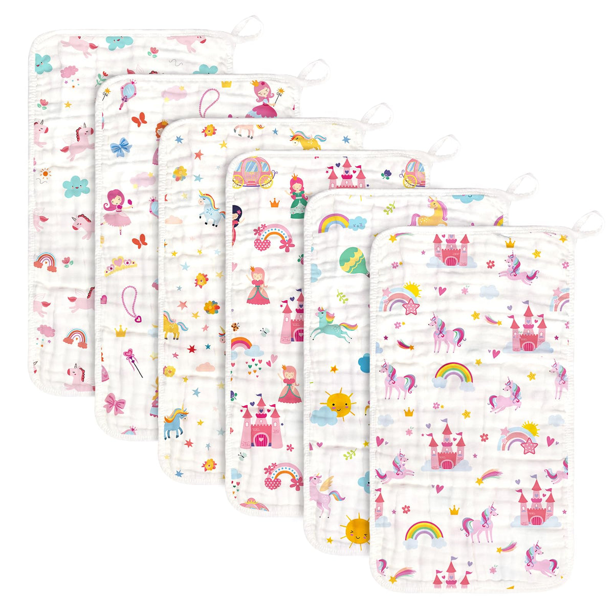 Decalsweet burp cloths six-pack flatlay reveals soft cotton muslin and generous 20x12 inch size.