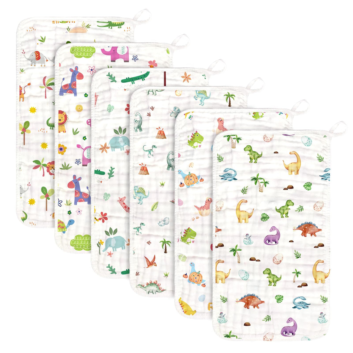 Decalsweet burp cloths muslin 6-pack pack shot showing 6-layer absorbent cotton for spills