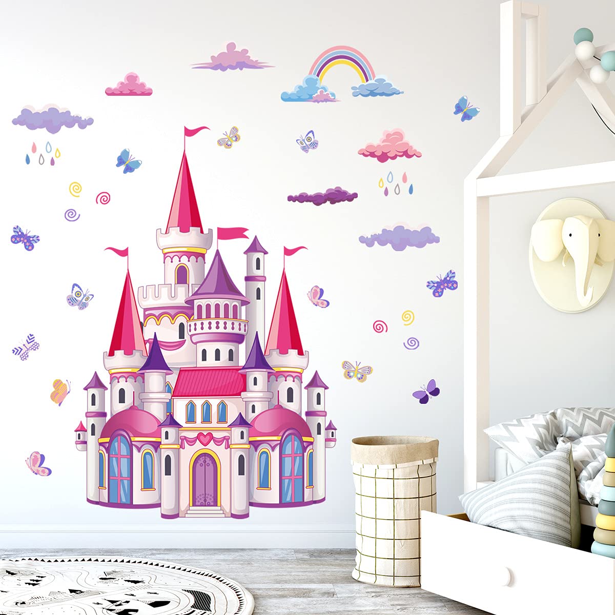 Decalsweet cartoon castle wall stickers brighten a girl's room with whimsical scenery.