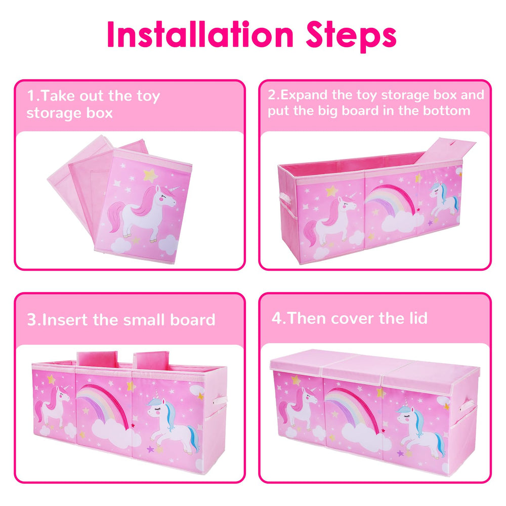Decalsweet Unicorn toy box used as charming bedroom decor.