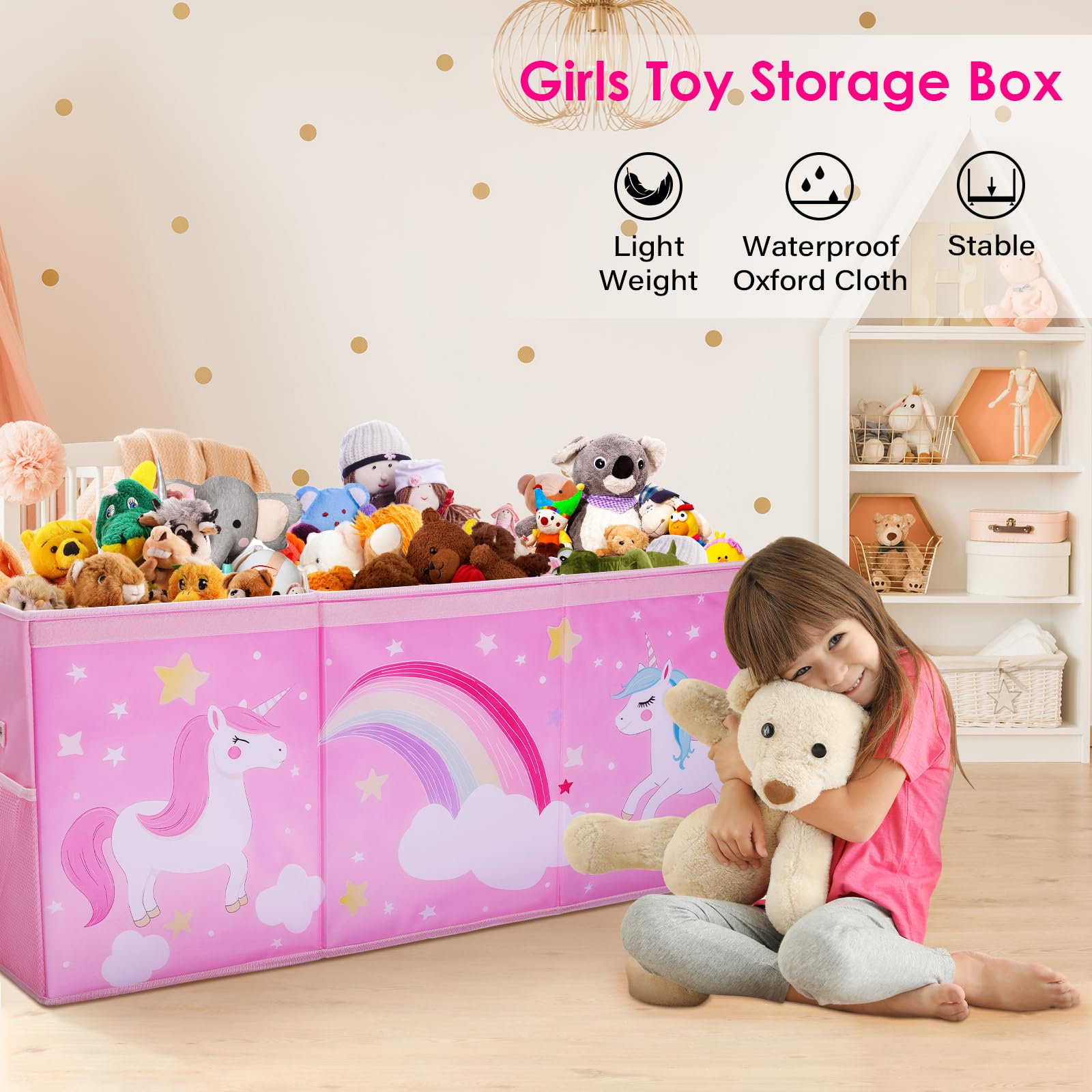Decalsweet Unicorn toy box interior with dividers helping organize toys.