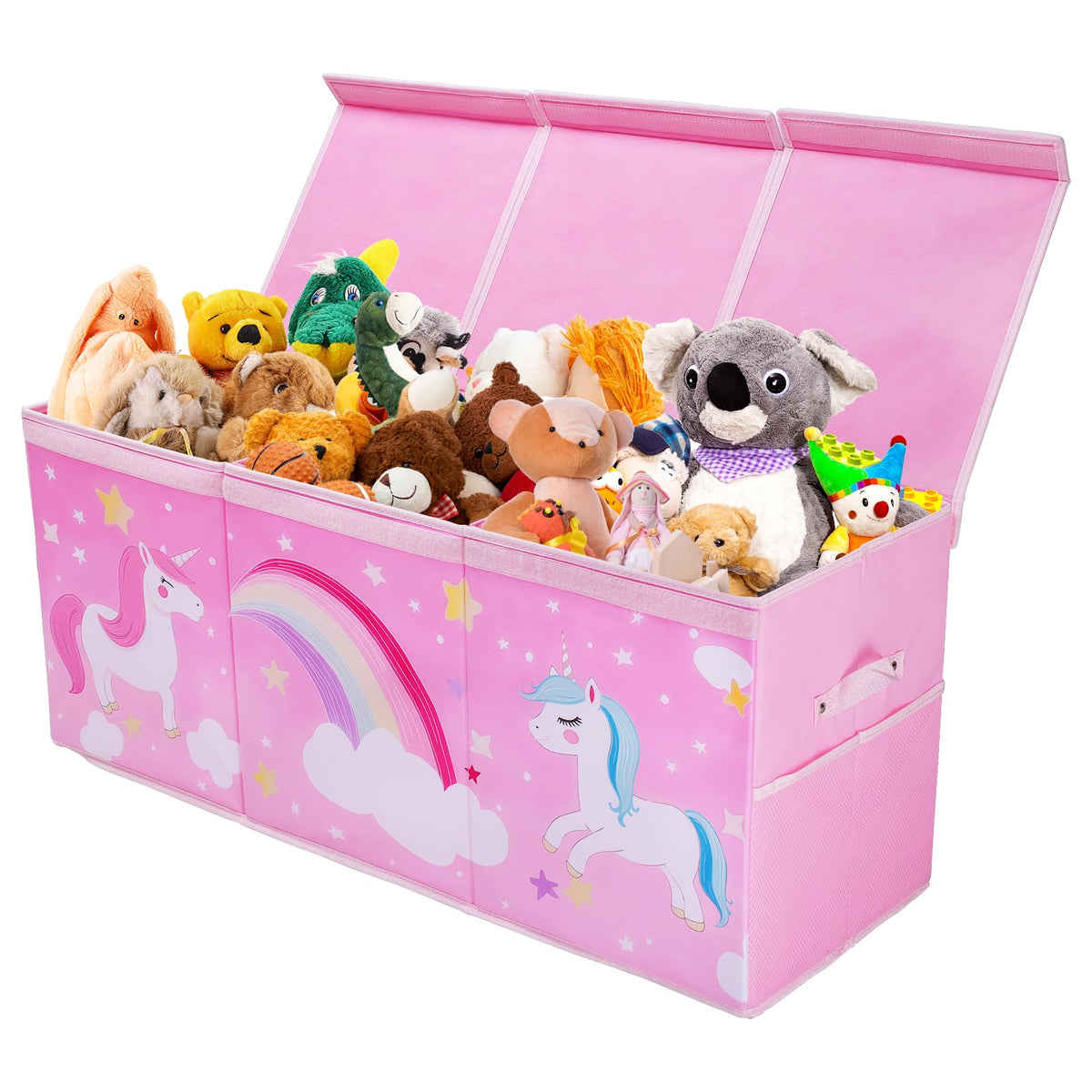Decalsweet Unicorn toy box lid-open shows dust-proof flip lid for quick toy access.