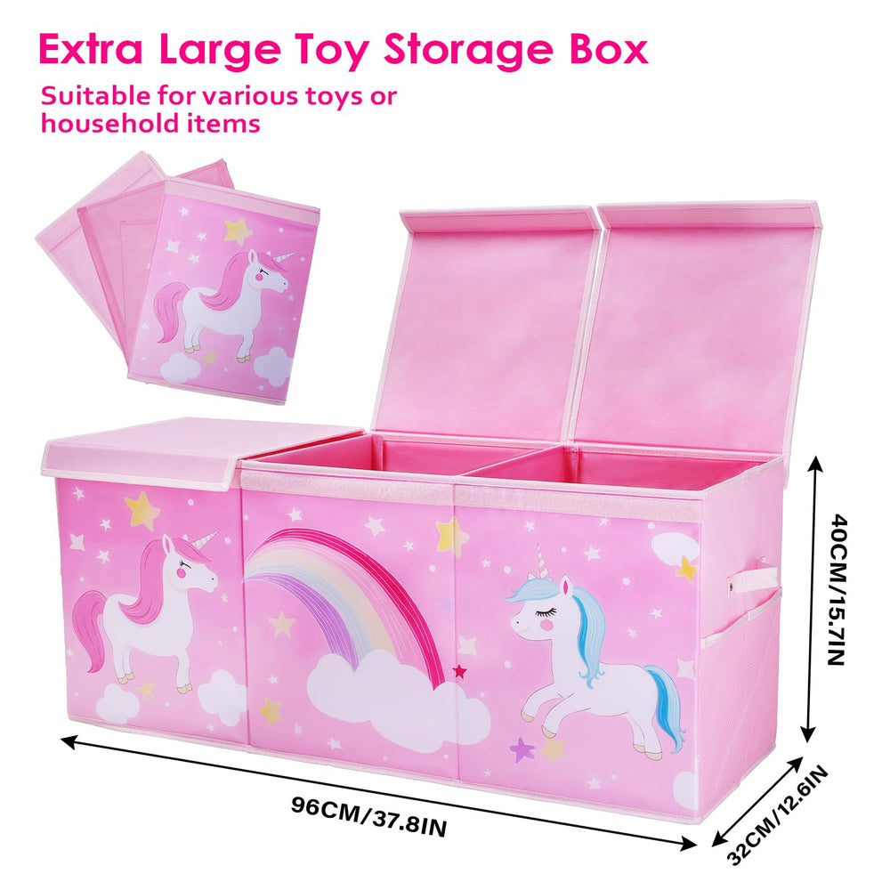 Decalsweet Unicorn toy box side mesh pocket holds small items.