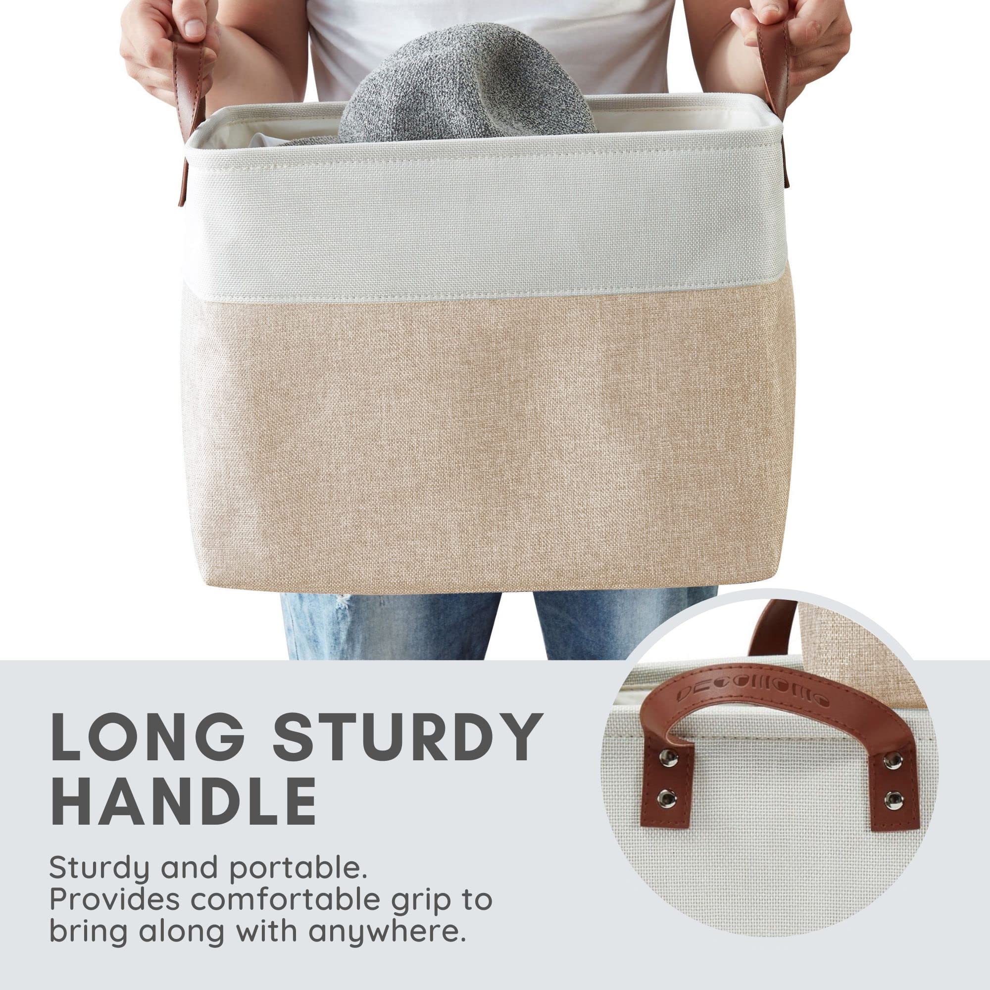 DECOMOMO linen closet bin shown with 42L capacity for bulky items.