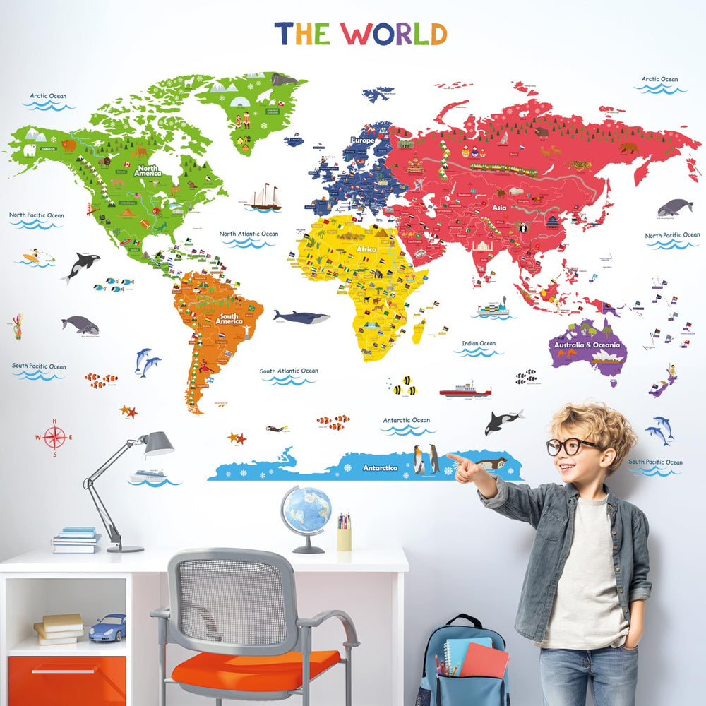DECOWALL DL3-2212 world map wall sticker center highlights a bold focal point for classrooms